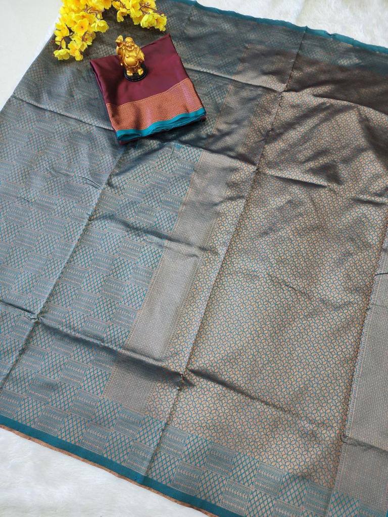 Teal Blue Banarasi Soft Silk Jacquard Work Saree