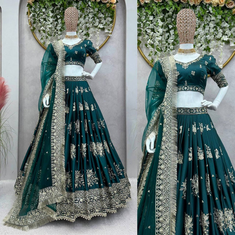 Elegant Semi-Stitched Japan Satin Lehenga Choli with Thread & Sequin Work, Soft Net Dupatta