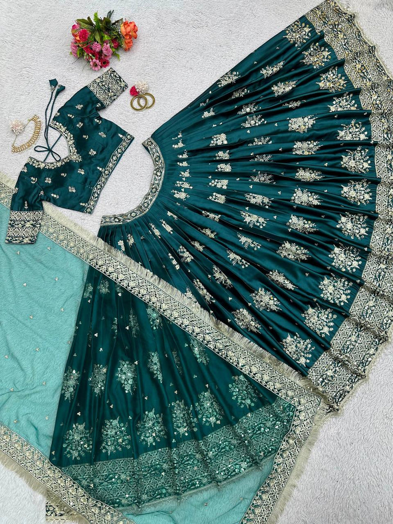 Elegant Semi-Stitched Japan Satin Lehenga Choli with Thread & Sequin Work, Soft Net Dupatta