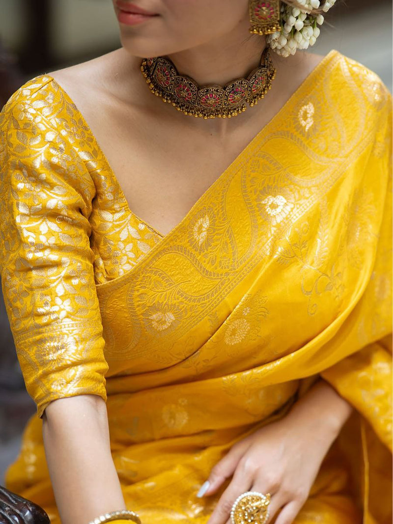 Designer Mustard Litchi Silk Printed Saree With Unstitched Blouse