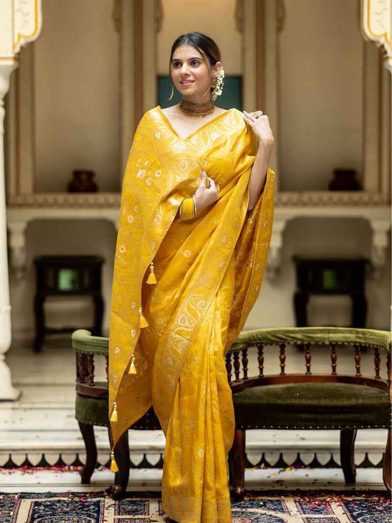 Designer Mustard Litchi Silk Printed Saree With Unstitched Blouse