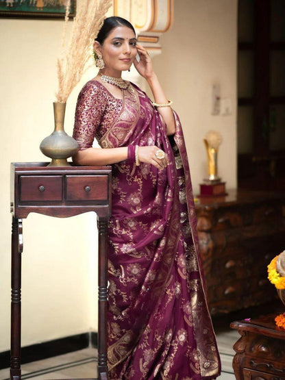 Designer Litchi Silk Printed Saree With Unstitched Blouse