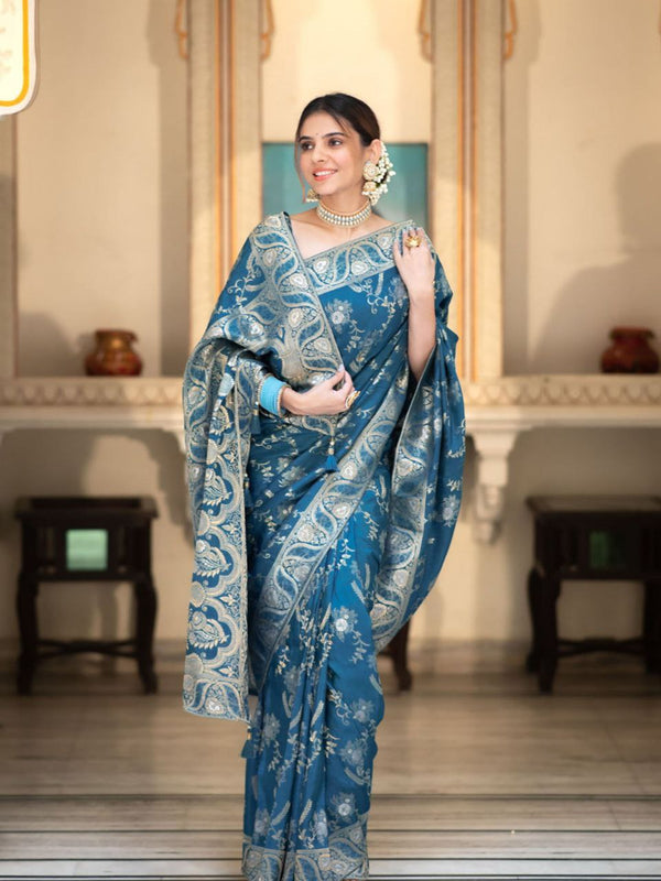 Designer Litchi Silk Printed Saree With Unstitched Blouse