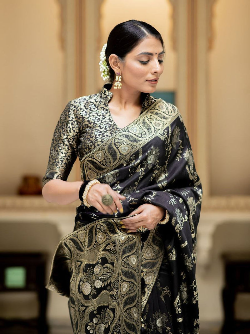 Designer Litchi Silk Printed Saree With Unstitched Blouse