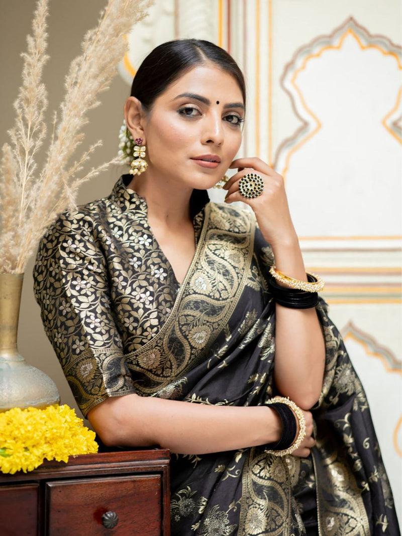 Designer Litchi Silk Printed Saree With Unstitched Blouse