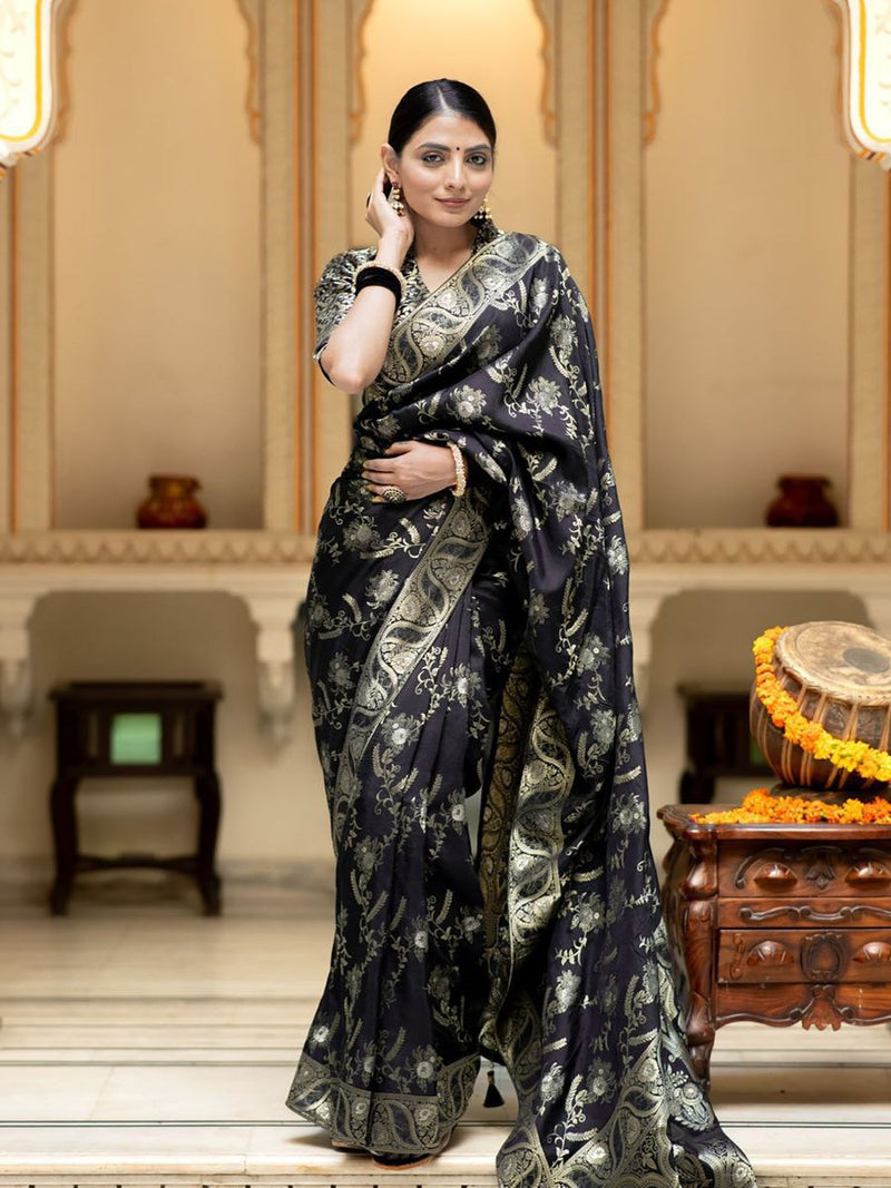 Designer Litchi Silk Printed Saree With Unstitched Blouse