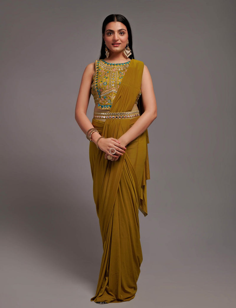 Ready to Wear Mustard Lycra Saree with Semi Stitched Blouse