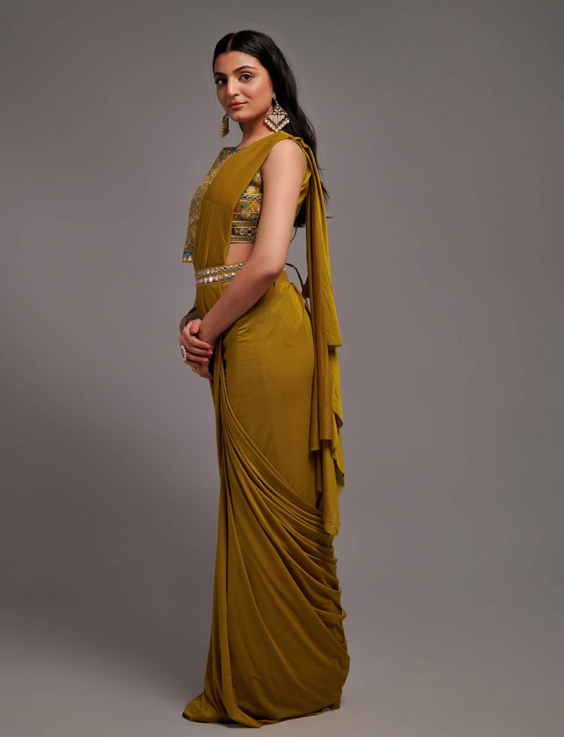 Ready to Wear Mustard Lycra Saree with Semi Stitched Blouse