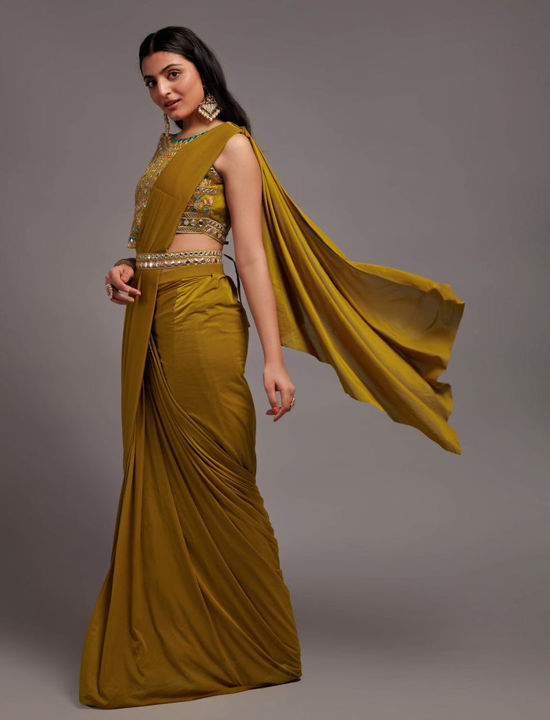 Ready to Wear Mustard Lycra Saree with Semi Stitched Blouse