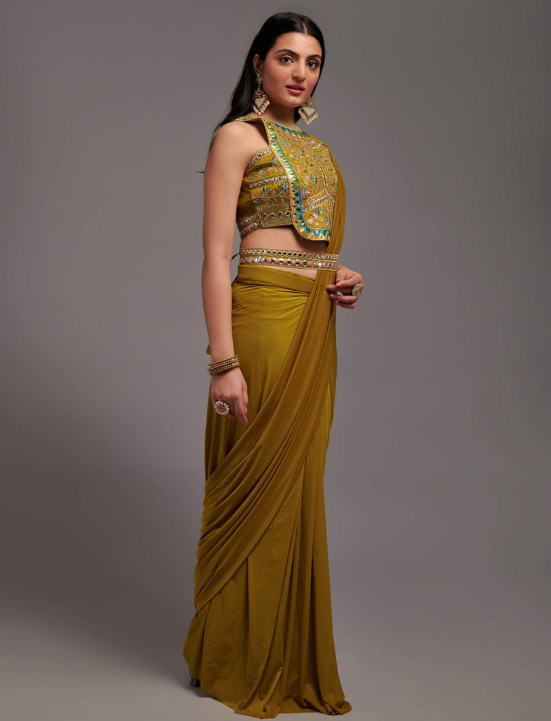 Ready to Wear Mustard Lycra Saree with Semi Stitched Blouse