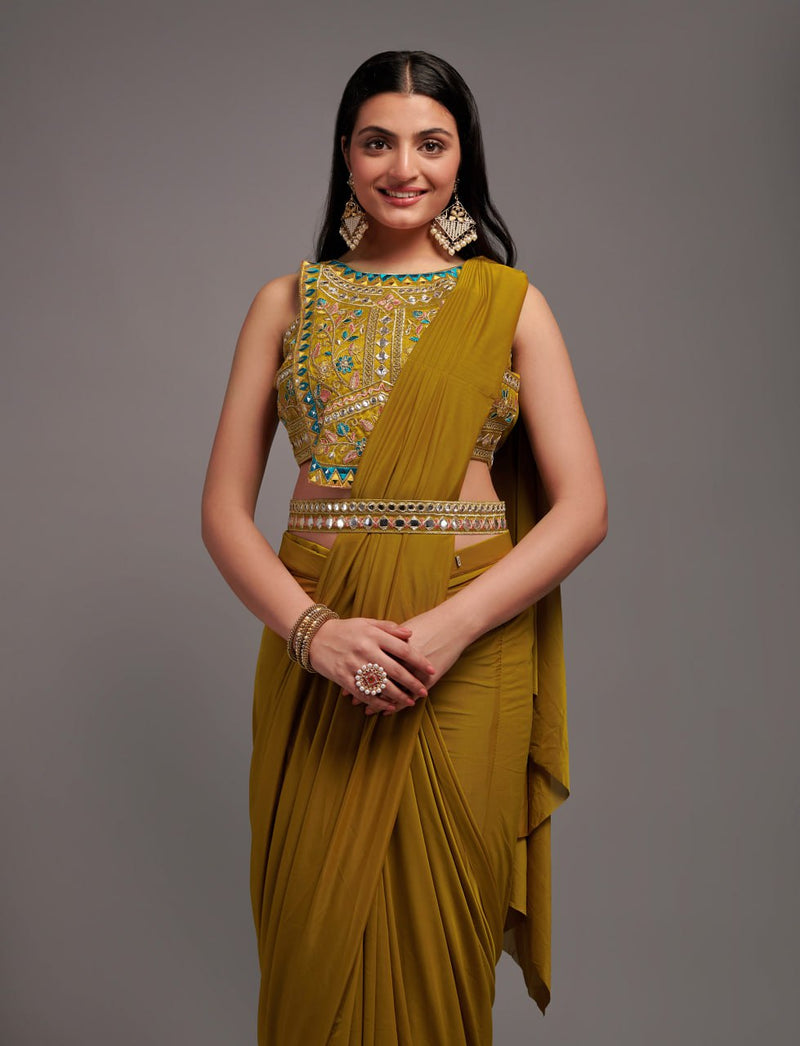 Ready to Wear Mustard Lycra Saree with Semi Stitched Blouse