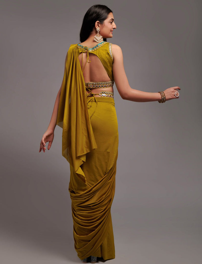 Ready to Wear Mustard Lycra Saree with Semi Stitched Blouse