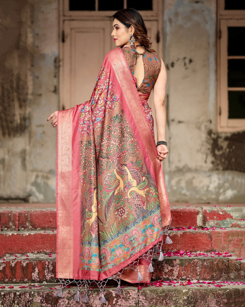 Pure silk digitally printed saree weaved with golden zari comes with tassels