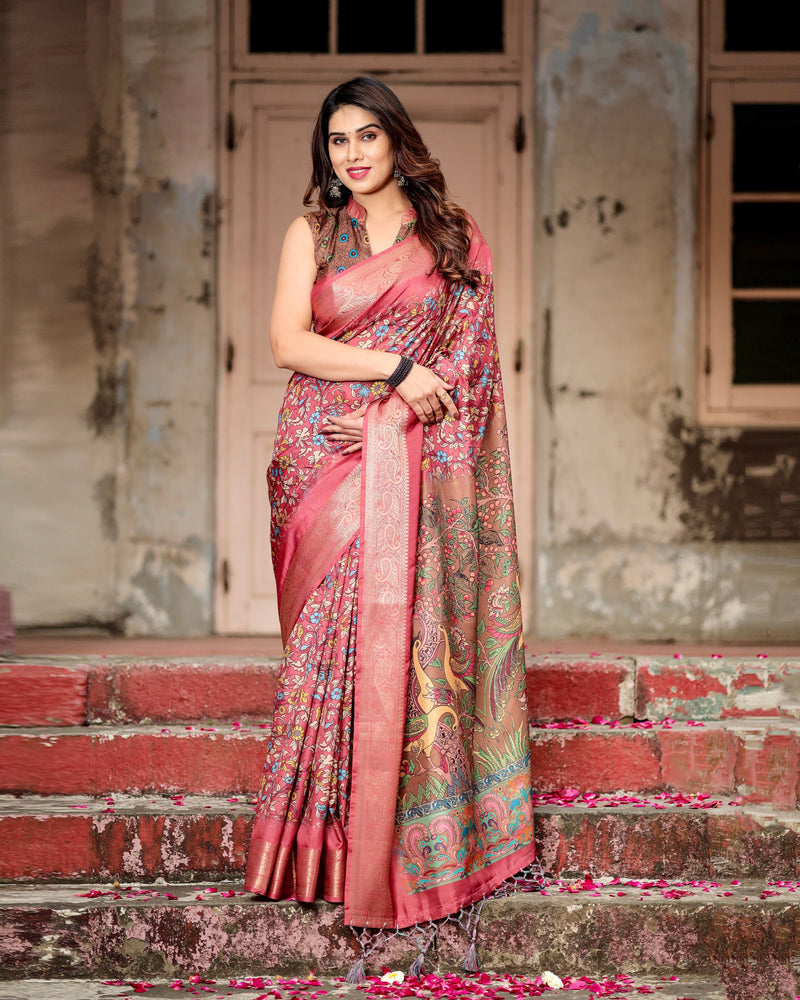 Pure silk digitally printed saree weaved with golden zari comes with tassels