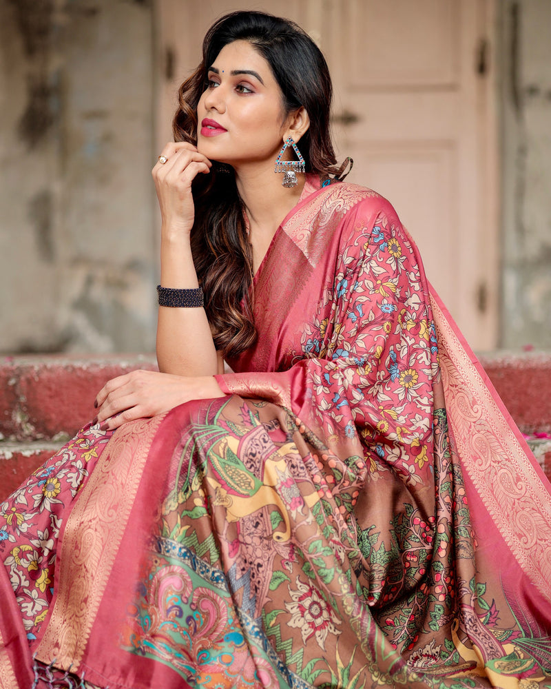 Pure silk digitally printed saree weaved with golden zari comes with tassels