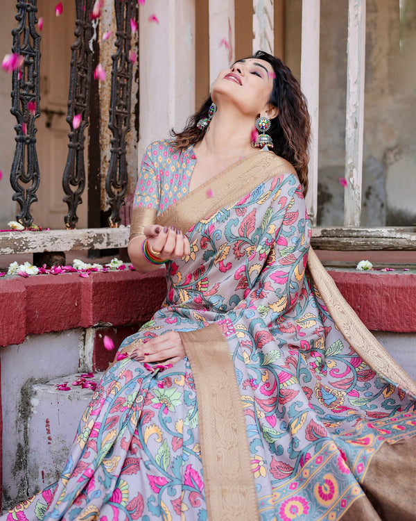 Pure silk digitally printed saree weaved with golden zari comes with tassels