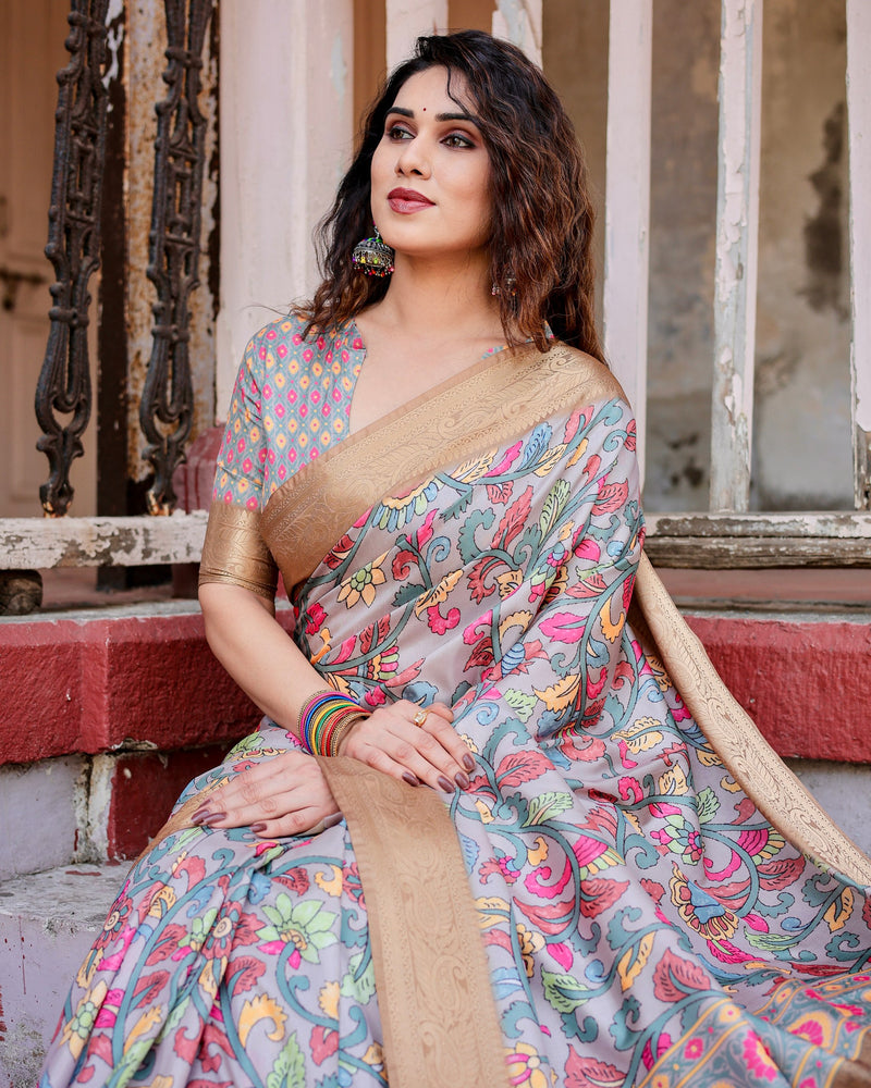 Pure silk digitally printed saree weaved with golden zari comes with tassels