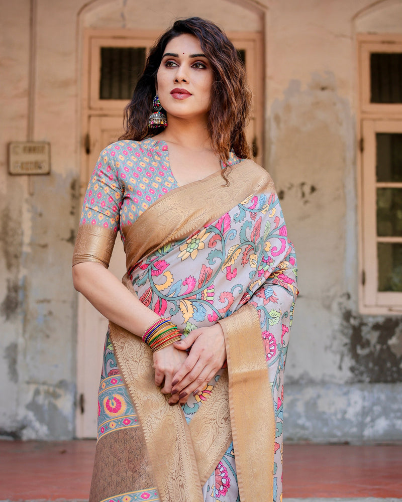 Pure silk digitally printed saree weaved with golden zari comes with tassels