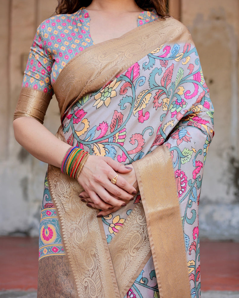 Pure silk digitally printed saree weaved with golden zari comes with tassels