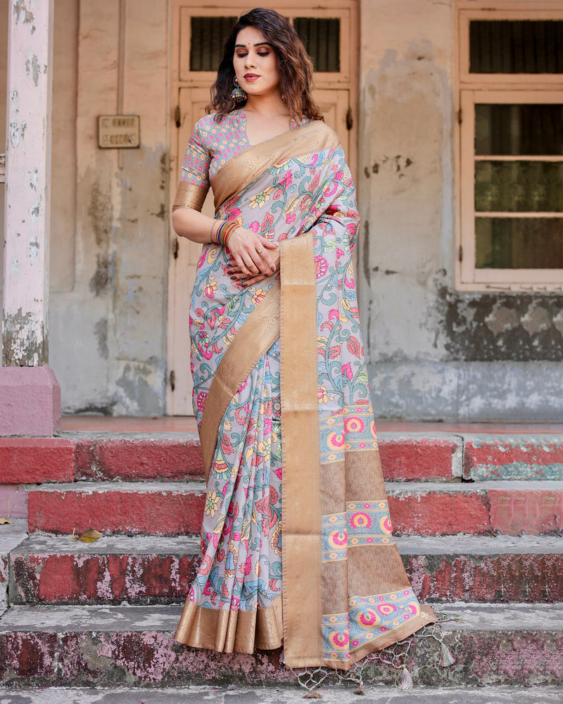 Pure silk digitally printed saree weaved with golden zari comes with tassels