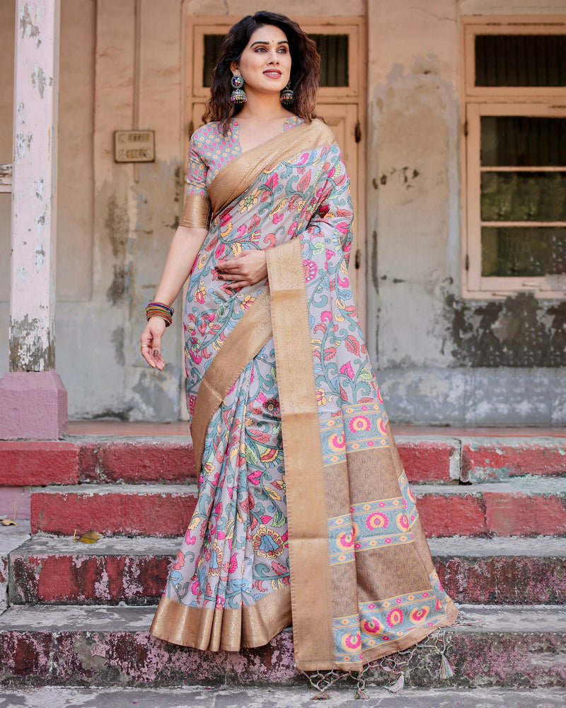 Pure silk digitally printed saree weaved with golden zari comes with tassels