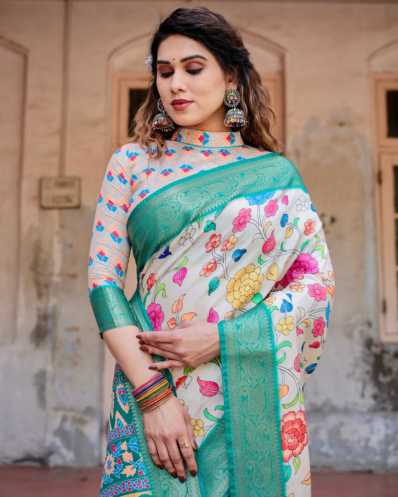 Pure silk digitally printed saree weaved with golden zari comes with tassels