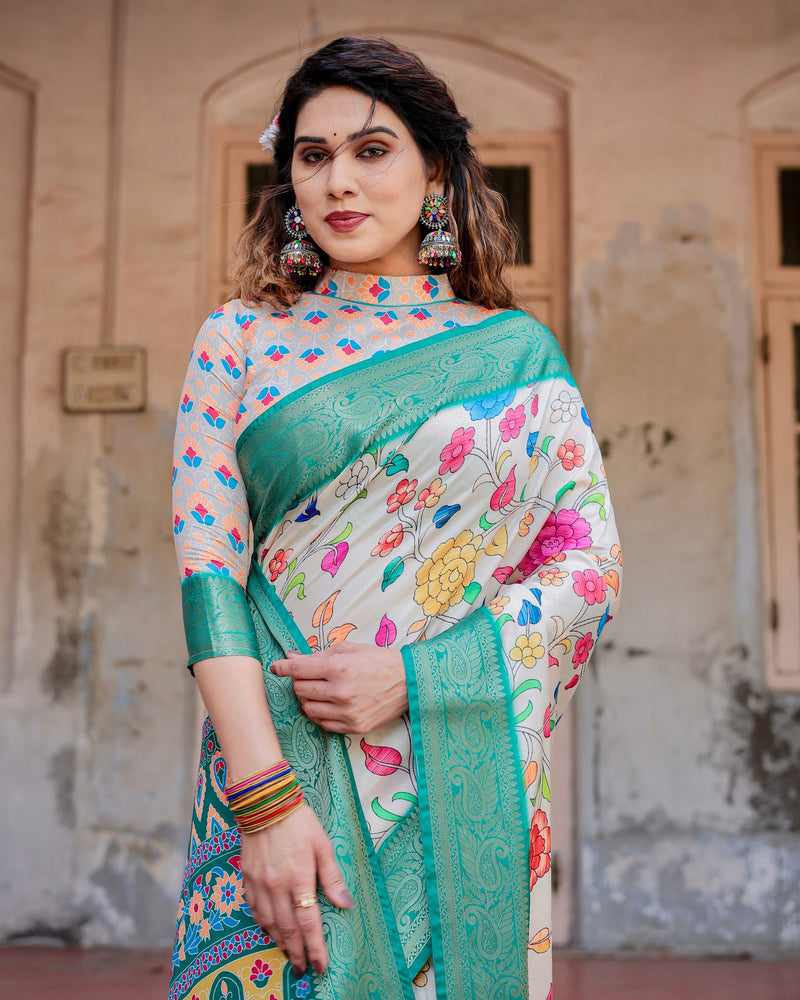 Pure silk digitally printed saree weaved with golden zari comes with tassels