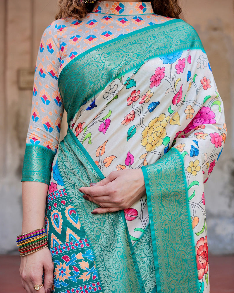 Pure silk digitally printed saree weaved with golden zari comes with tassels