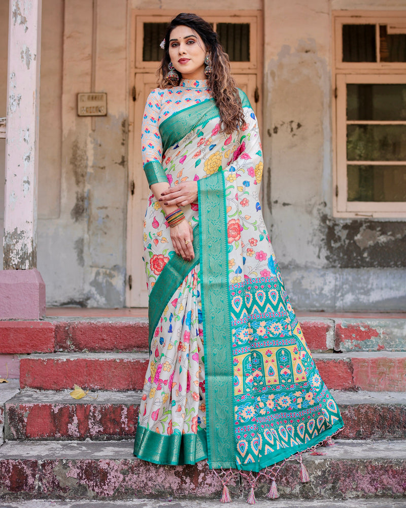 Pure silk digitally printed saree weaved with golden zari comes with tassels