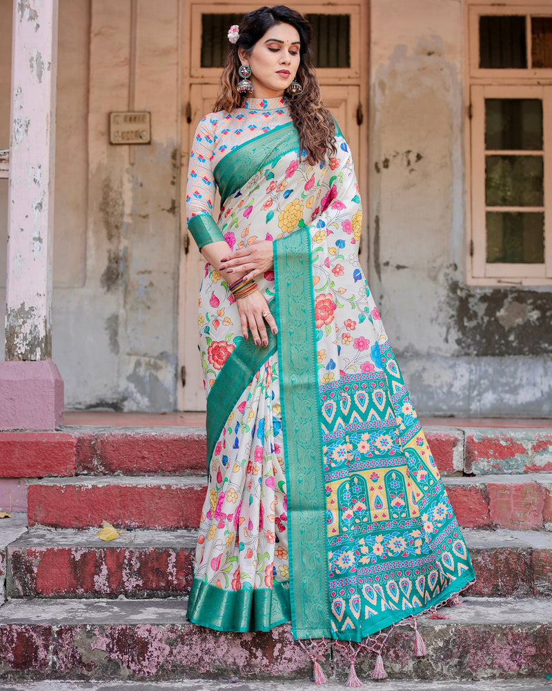 Pure silk digitally printed saree weaved with golden zari comes with tassels