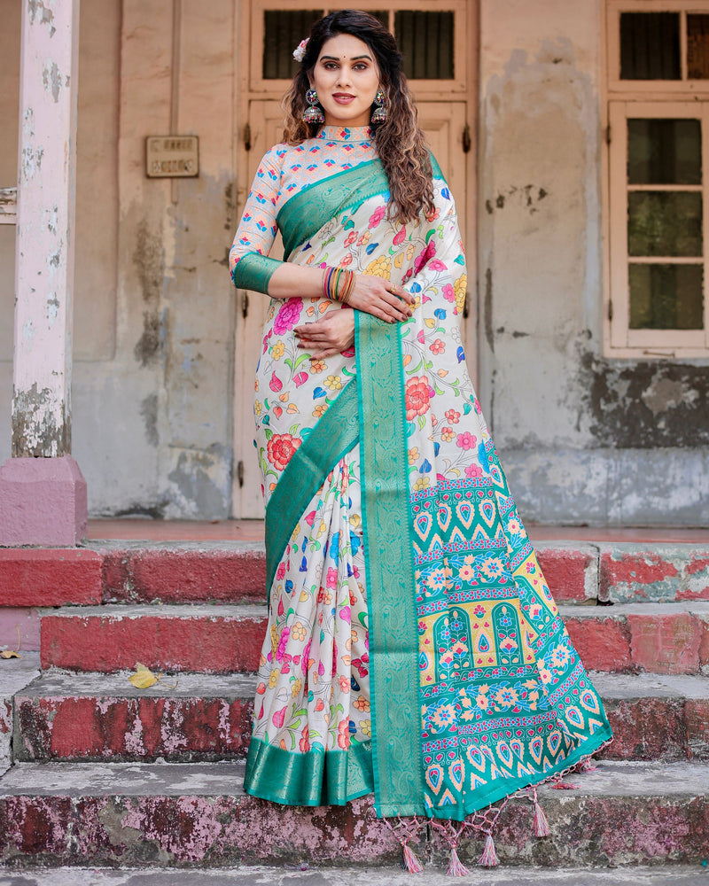 Pure silk digitally printed saree weaved with golden zari comes with tassels