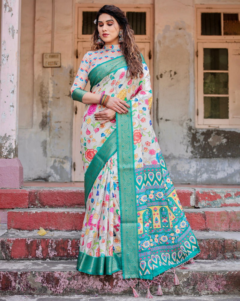 Pure silk digitally printed saree weaved with golden zari comes with tassels