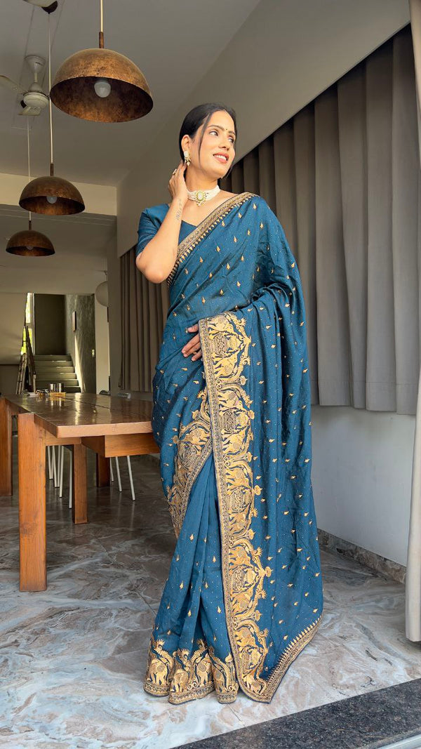 Most trending & beautiful Zari & DMC Swarovski Work Ready to Wear Saree