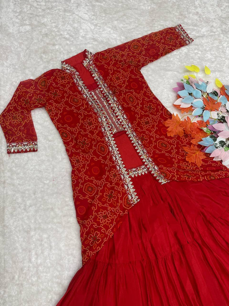 Stitched Festival Bandhej Lehenga Choli & Shrug - Heavy Embroidery Thread Work