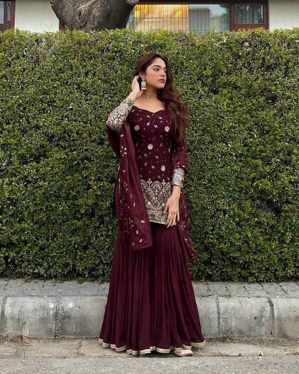 Elegant Faux Georgette Salwar Suit with Thread & Sequin Work - Complete with Sharara and Dupatta