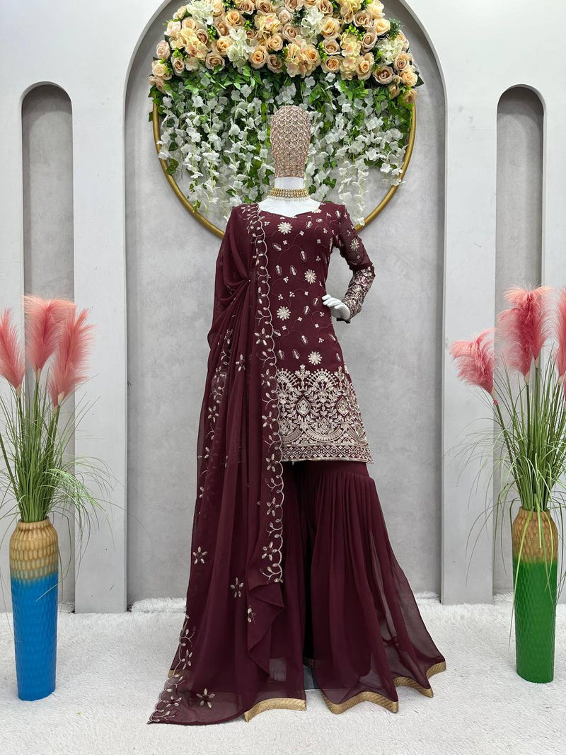 Elegant Faux Georgette Salwar Suit with Thread & Sequin Work - Complete with Sharara and Dupatta