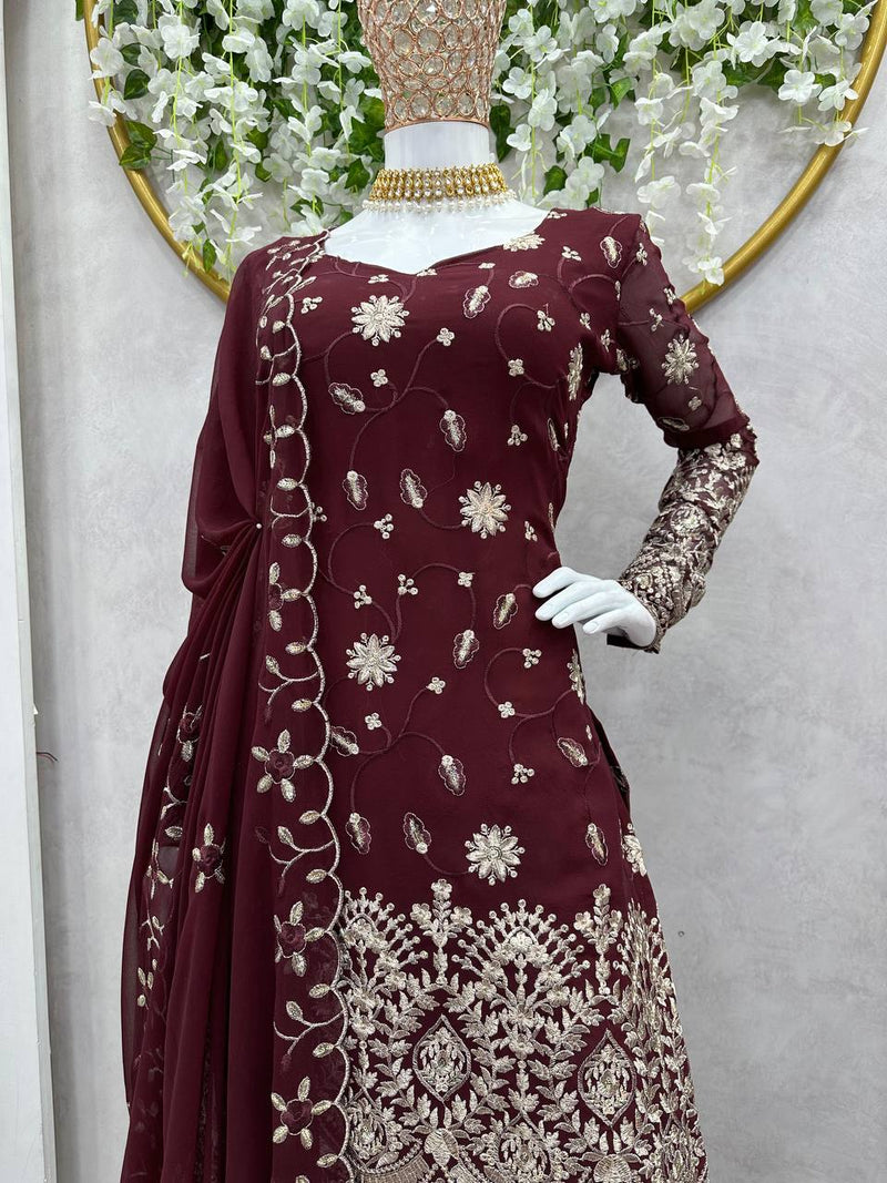 Elegant Faux Georgette Salwar Suit with Thread & Sequin Work - Complete with Sharara and Dupatta