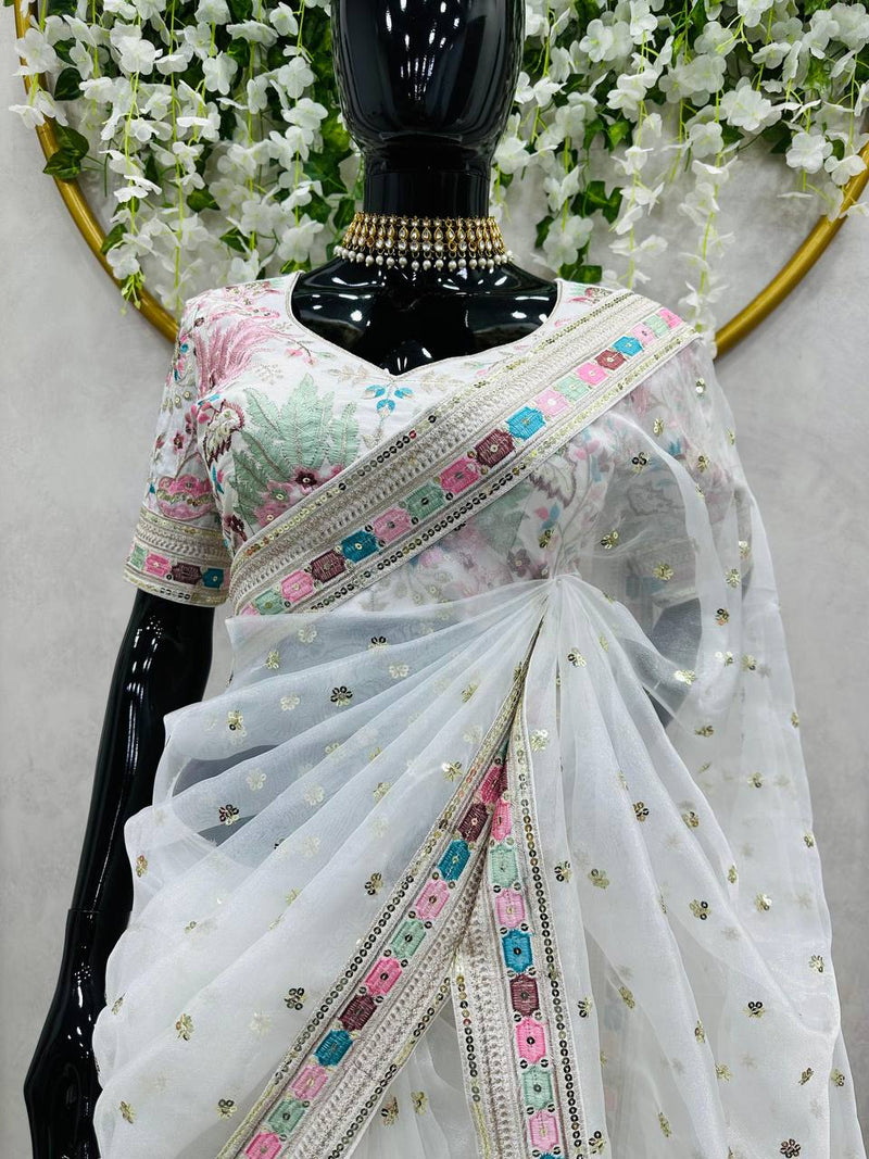 Elegant Designer Organza Silk Saree with Thread & Sequin Work