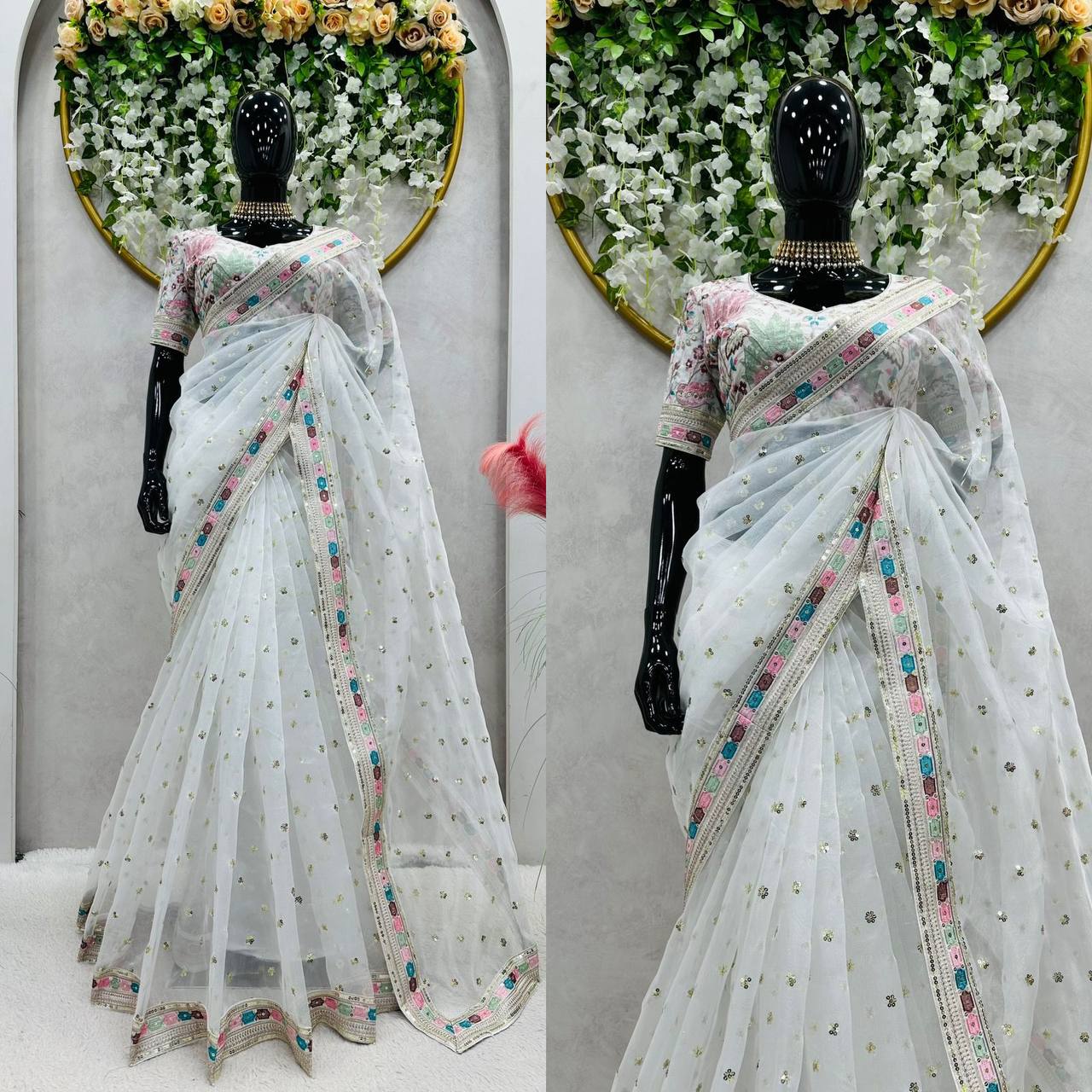 Elegant Designer Organza Silk Saree with Thread & Sequin Work