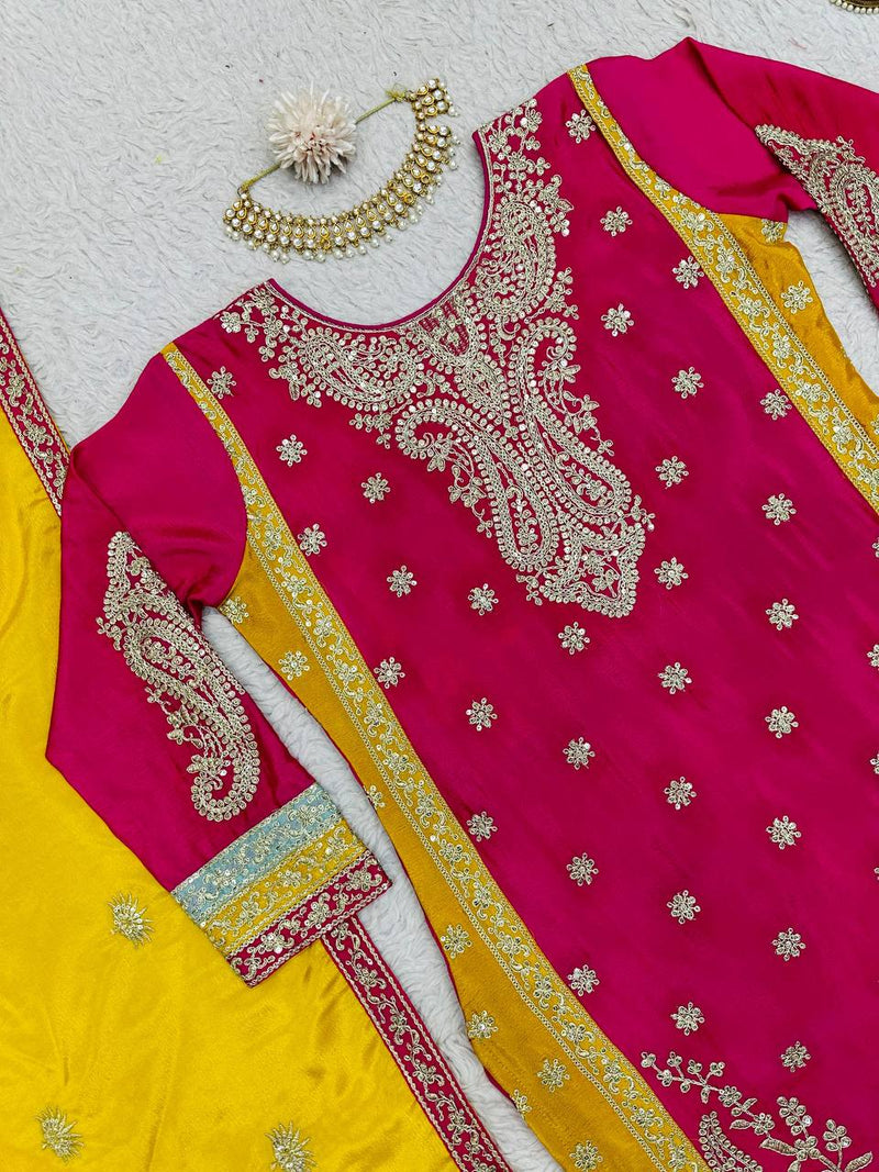 Stunning Chinon Silk Designer Suit with Sharara and Dupatta