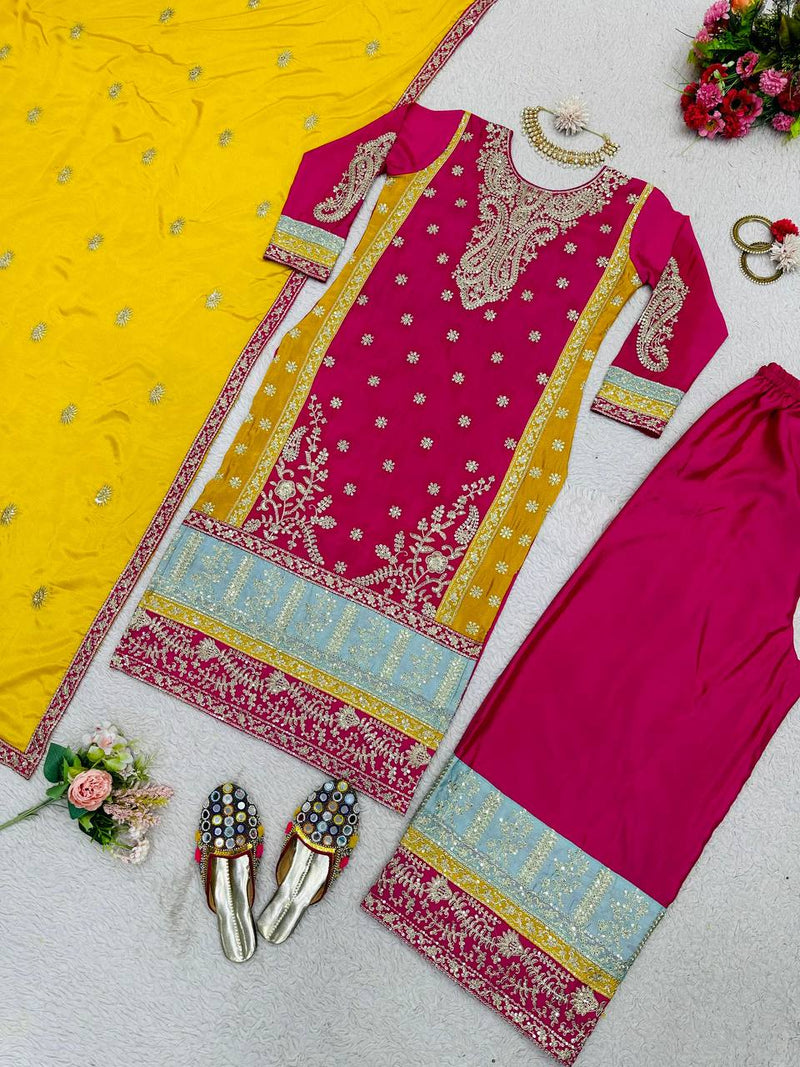 Stunning Chinon Silk Designer Suit with Sharara and Dupatta