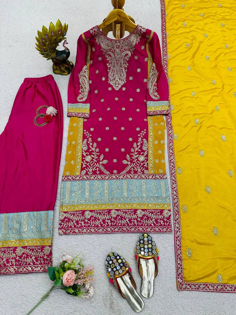 Stunning Chinon Silk Designer Suit with Sharara and Dupatta