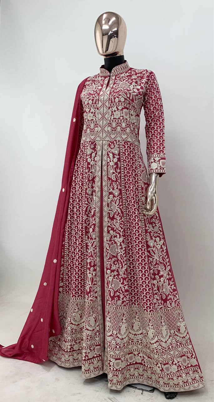 Radiant Vichitra Silk Gown Set with Intricate Embroidery Work - Full Stitched for Perfect Fit