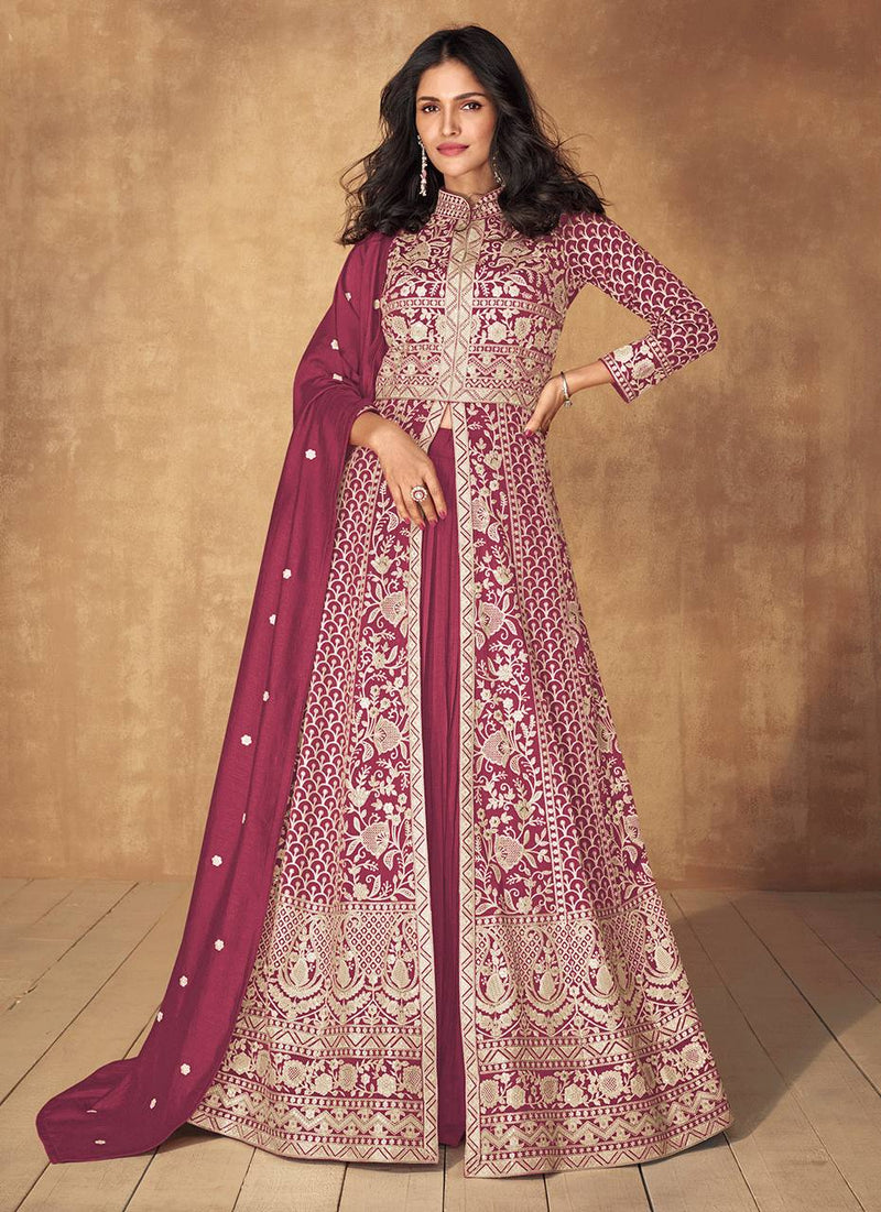 Radiant Vichitra Silk Gown Set with Intricate Embroidery Work - Full Stitched for Perfect Fit