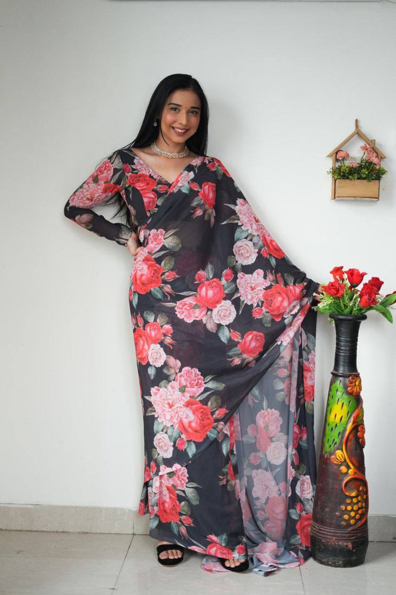 "Instant Glam: Ready to Wear Georgette Silk Saree with Pink Rose Design"