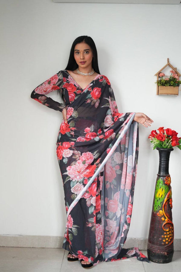 "Instant Glam: Ready to Wear Georgette Silk Saree with Pink Rose Design"