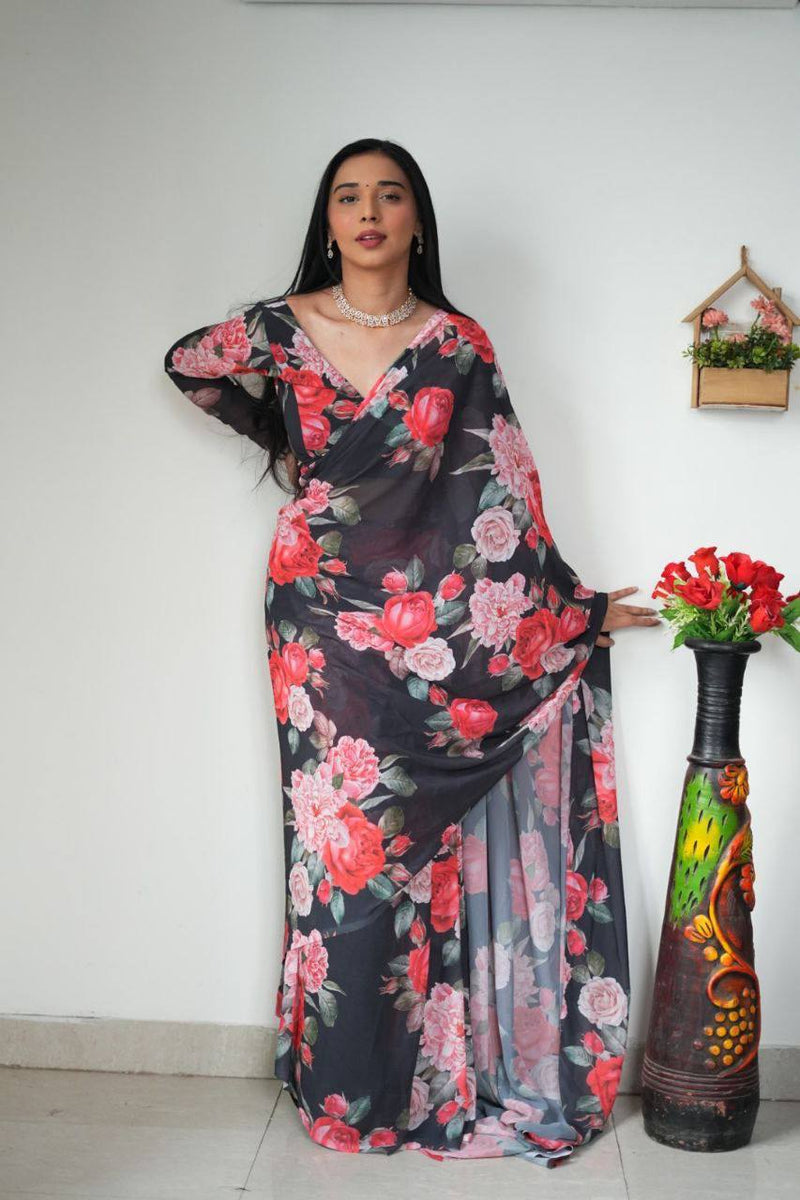 "Instant Glam: Ready to Wear Georgette Silk Saree with Pink Rose Design"