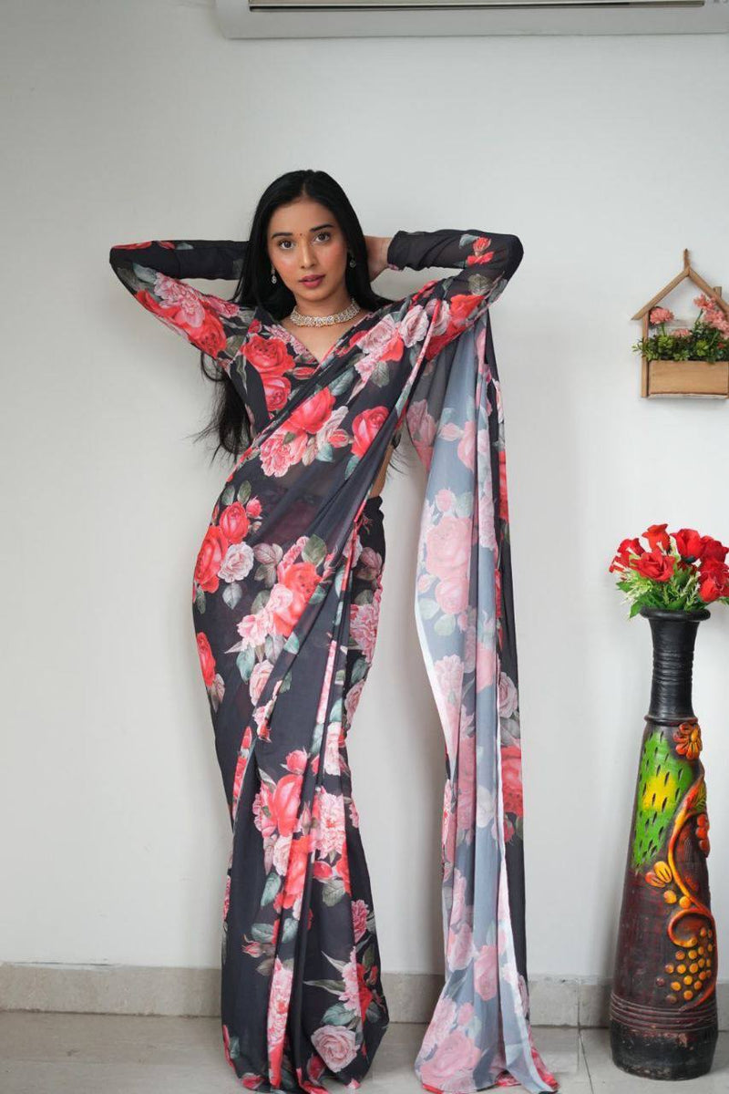 "Instant Glam: Ready to Wear Georgette Silk Saree with Pink Rose Design"