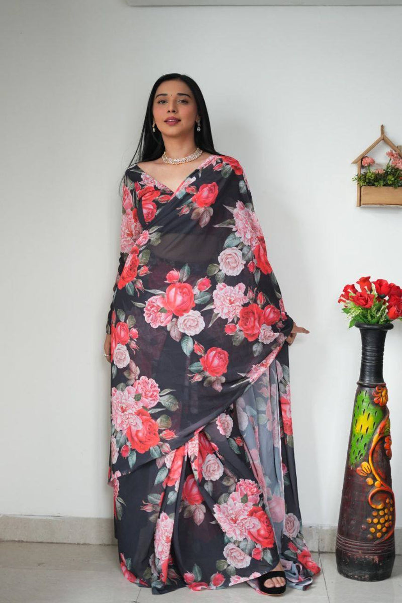 "Instant Glam: Ready to Wear Georgette Silk Saree with Pink Rose Design"