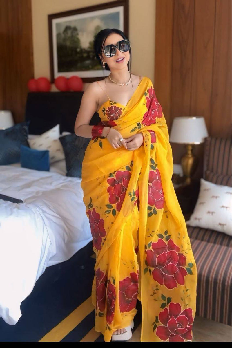 "Instant Glam: Ready to Wear Georgette Silk Saree with Yellow Floral Design"